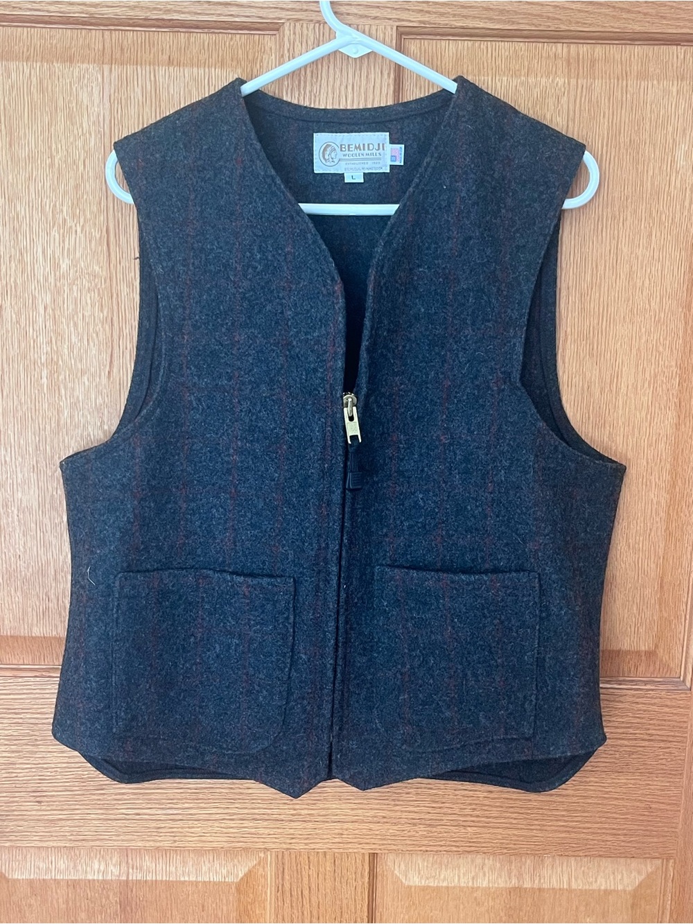 Vintage Bemidji Wool Blend Zipper Vest in Charcoal Brown patch pockets
